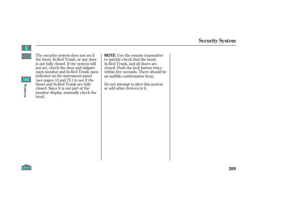 Security system | HONDA 2014 Ridgeline - Owner's Manual User Manual | Page 214 / 422