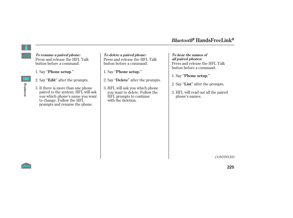 Handsfreelink, Bluetooth | HONDA 2014 Ridgeline - Owner's Manual User Manual | Page 230 / 422