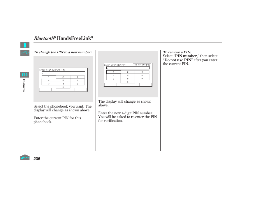 Handsfreelink, Bluetooth | HONDA 2014 Ridgeline - Owner's Manual User Manual | Page 241 / 422
