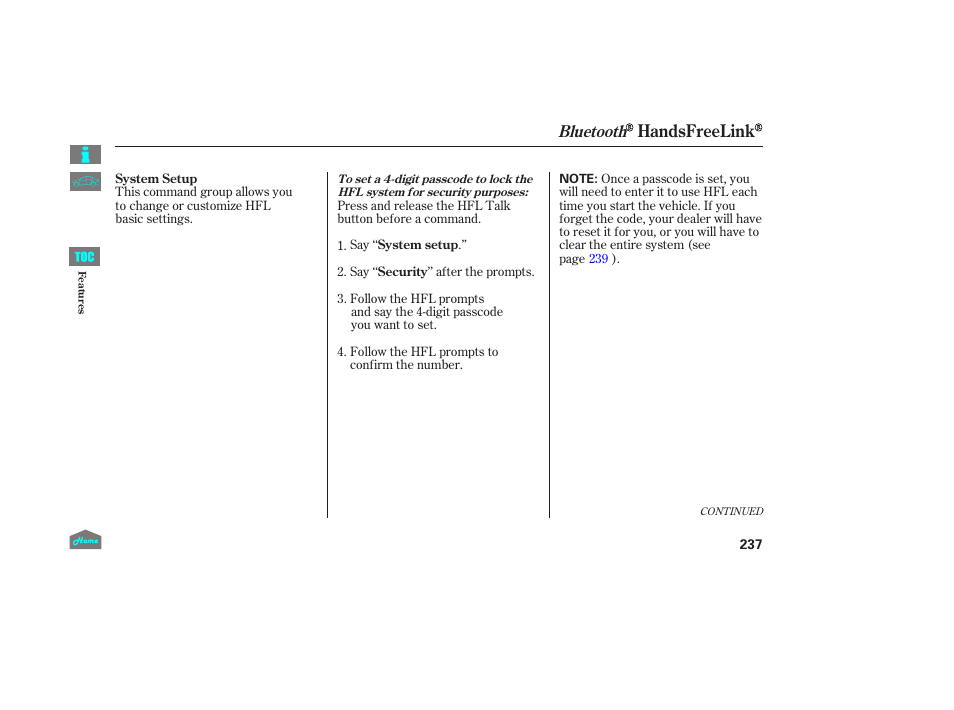 Handsfreelink, Bluetooth | HONDA 2014 Ridgeline - Owner's Manual User Manual | Page 242 / 422