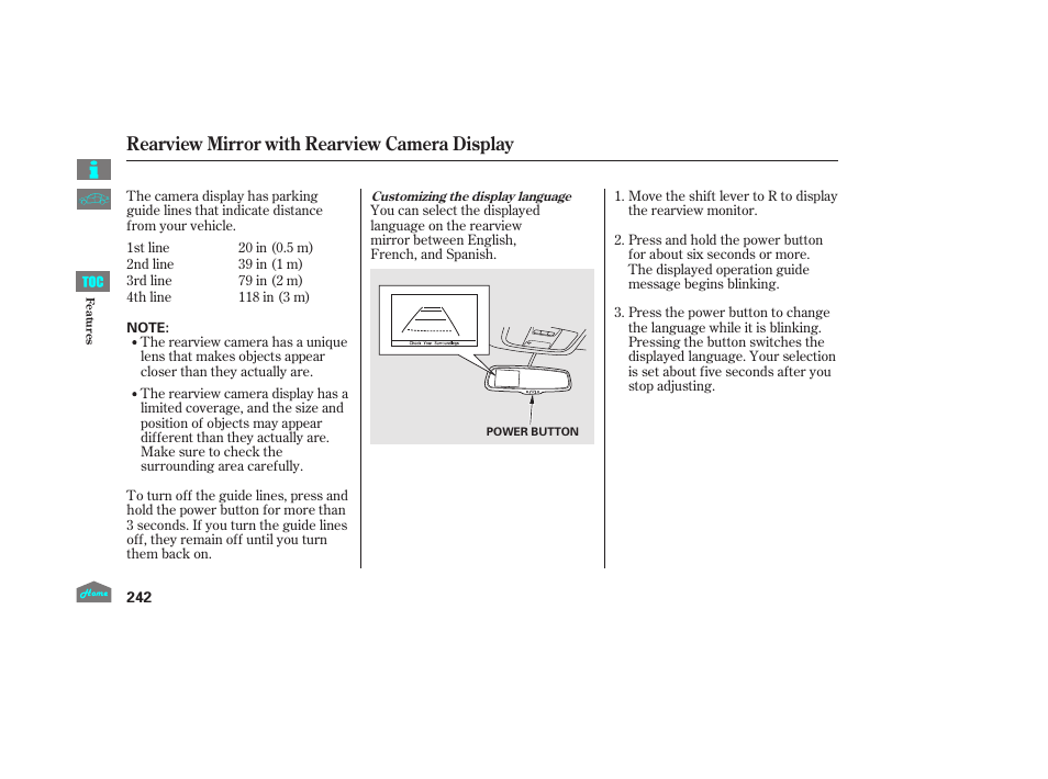 Rearview mirror with rearview camera display | HONDA 2014 Ridgeline - Owner's Manual User Manual | Page 247 / 422