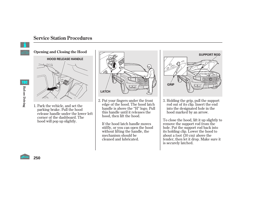 P.250), Service station procedures | HONDA 2014 Ridgeline - Owner's Manual User Manual | Page 255 / 422