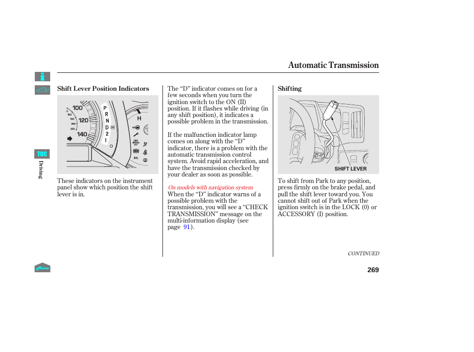 Automatic transmission, P.269) | HONDA 2014 Ridgeline - Owner's Manual User Manual | Page 274 / 422