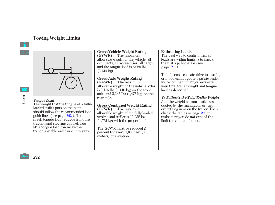 Towing weight limits | HONDA 2014 Ridgeline - Owner's Manual User Manual | Page 297 / 422