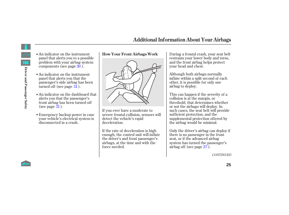P.25, P.25), Additional information about your airbags | HONDA 2014 Ridgeline - Owner's Manual User Manual | Page 30 / 422