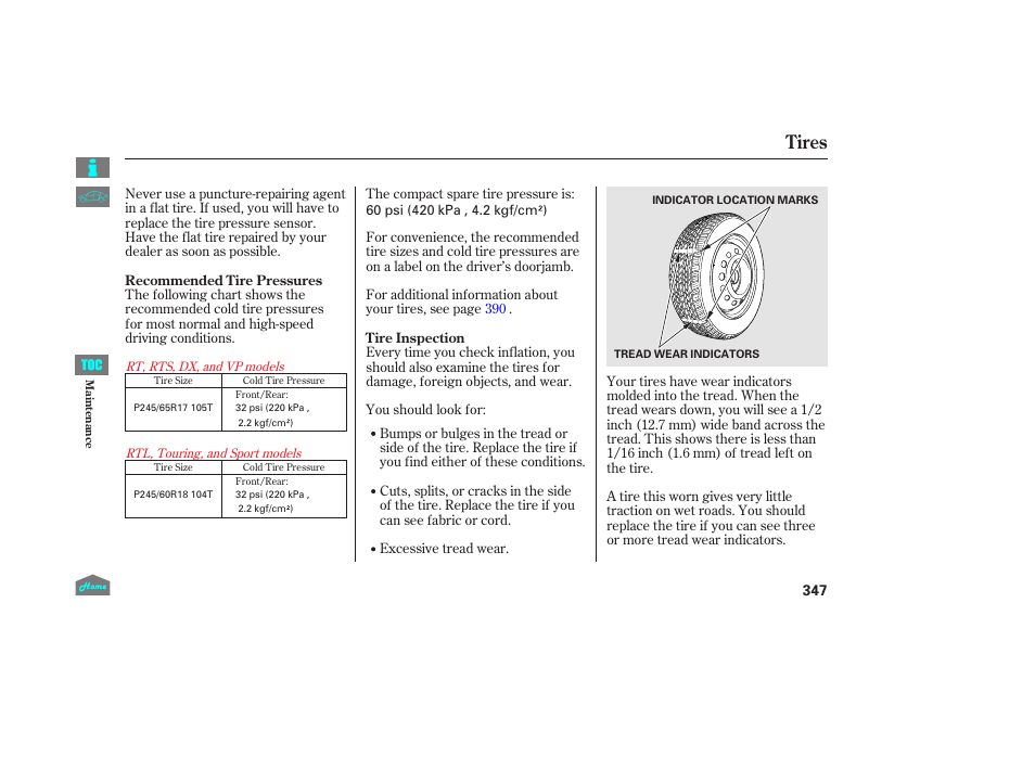 Tires | HONDA 2014 Ridgeline - Owner's Manual User Manual | Page 352 / 422