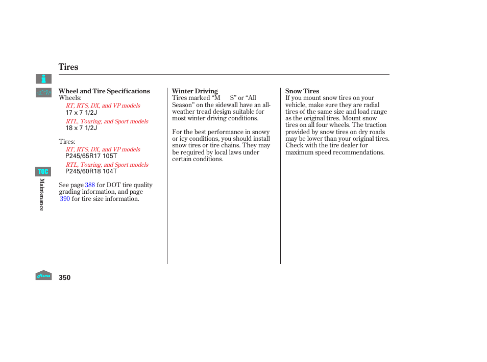 Tires | HONDA 2014 Ridgeline - Owner's Manual User Manual | Page 355 / 422