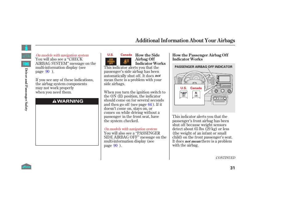 P.31), Additional information about your airbags | HONDA 2014 Ridgeline - Owner's Manual User Manual | Page 36 / 422