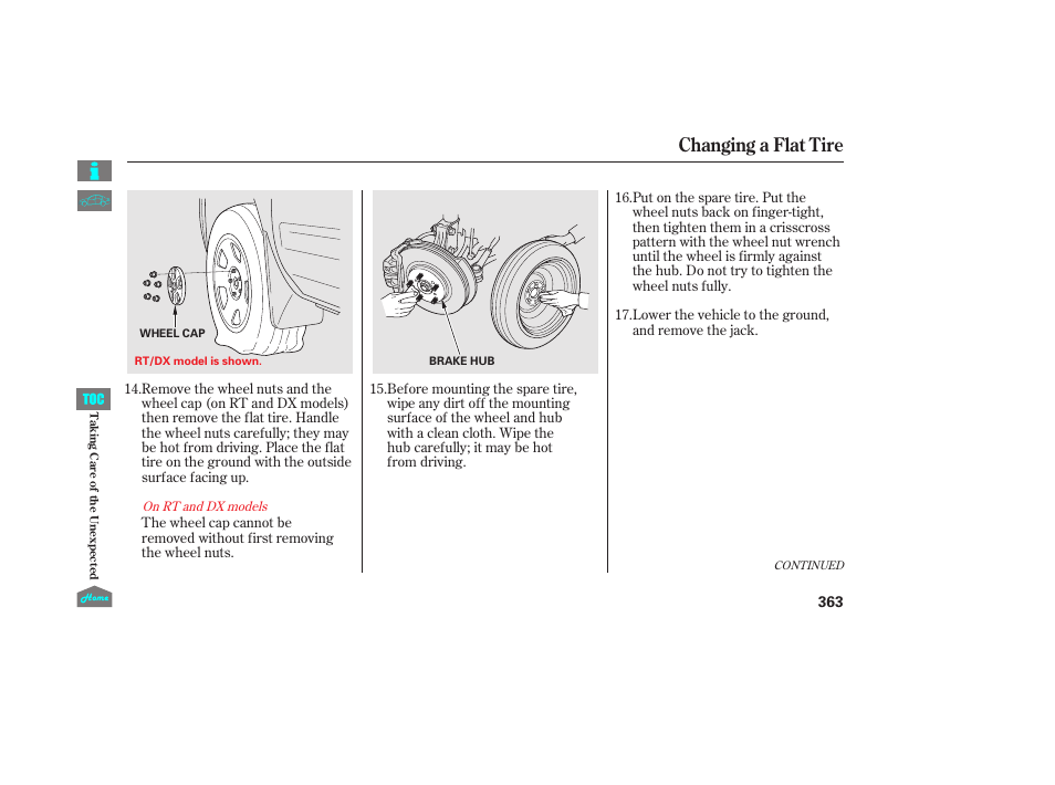 Changing a flat tire | HONDA 2014 Ridgeline - Owner's Manual User Manual | Page 368 / 422