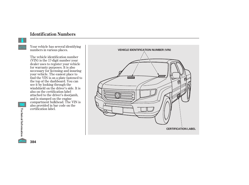 Identification numbers | HONDA 2014 Ridgeline - Owner's Manual User Manual | Page 389 / 422