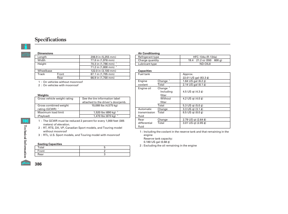 Specifications | HONDA 2014 Ridgeline - Owner's Manual User Manual | Page 391 / 422