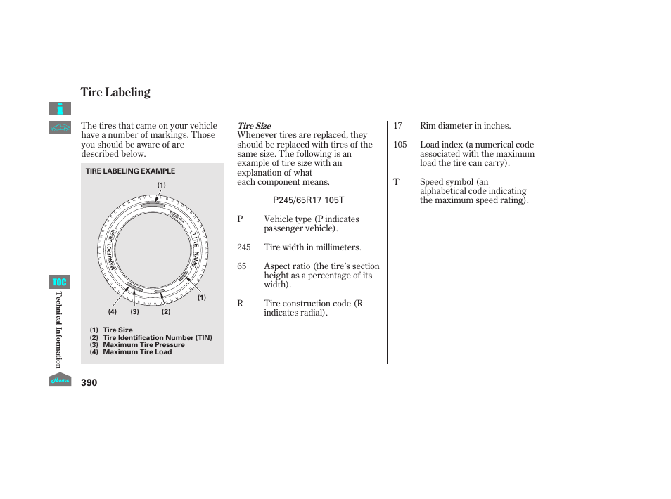 Tire labeling | HONDA 2014 Ridgeline - Owner's Manual User Manual | Page 395 / 422