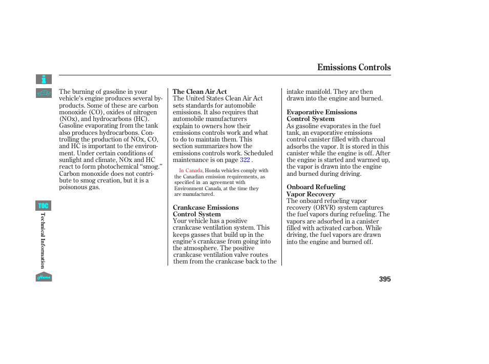 Emissions controls | HONDA 2014 Ridgeline - Owner's Manual User Manual | Page 400 / 422