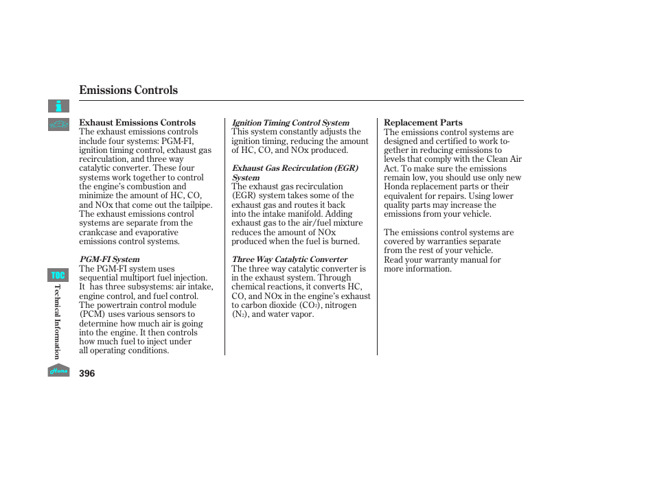 Emissions controls | HONDA 2014 Ridgeline - Owner's Manual User Manual | Page 401 / 422