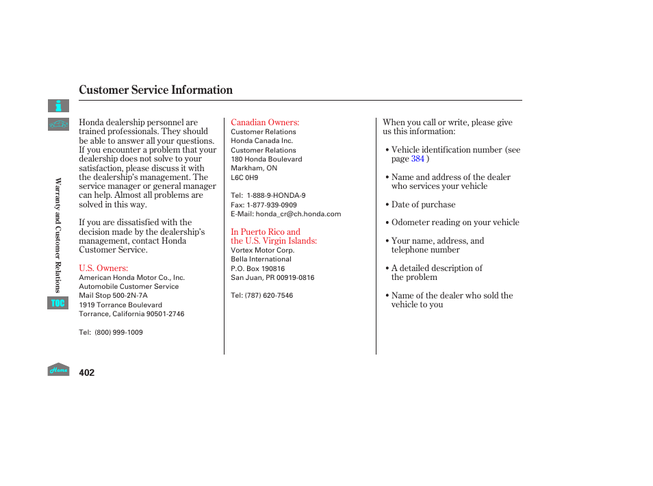 Customer service information | HONDA 2014 Ridgeline - Owner's Manual User Manual | Page 407 / 422