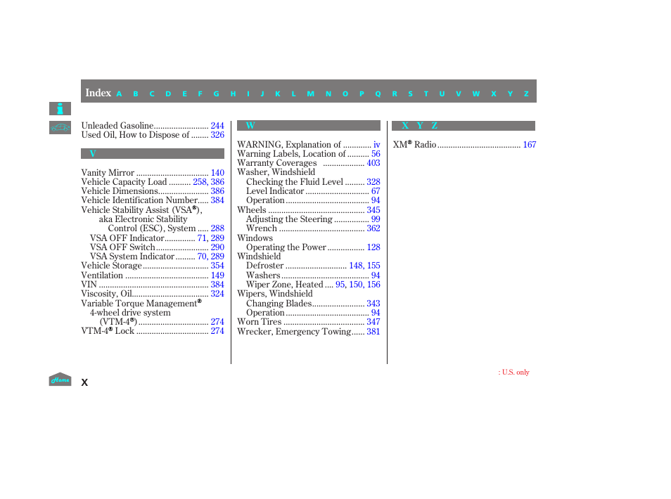 V - z | HONDA 2014 Ridgeline - Owner's Manual User Manual | Page 420 / 422