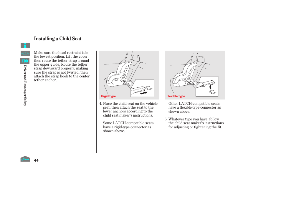 Installing a child seat | HONDA 2014 Ridgeline - Owner's Manual User Manual | Page 49 / 422