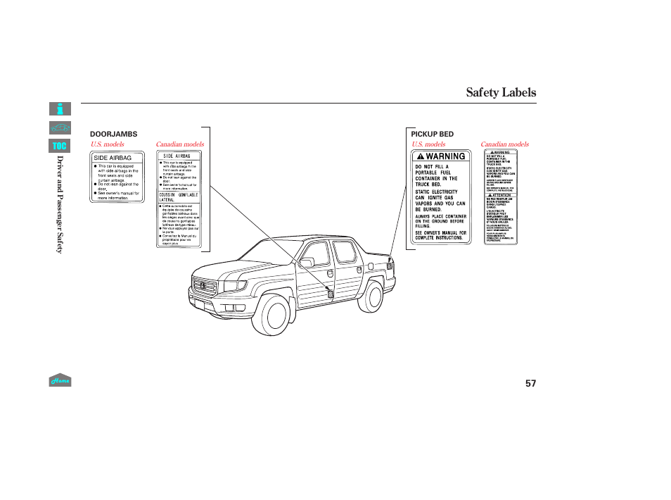 Safety labels | HONDA 2014 Ridgeline - Owner's Manual User Manual | Page 62 / 422