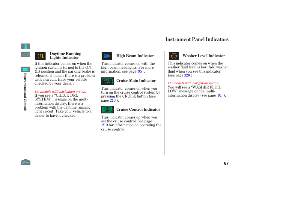 P.67), Instrument panel indicators | HONDA 2014 Ridgeline - Owner's Manual User Manual | Page 72 / 422