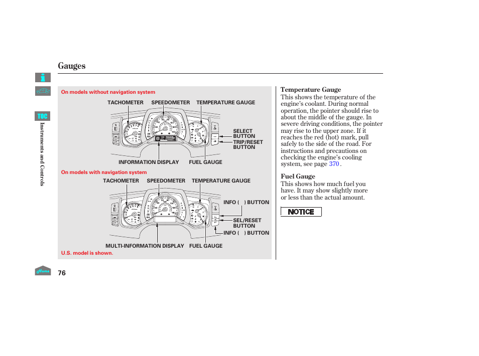 Gauges, P.76) | HONDA 2014 Ridgeline - Owner's Manual User Manual | Page 81 / 422