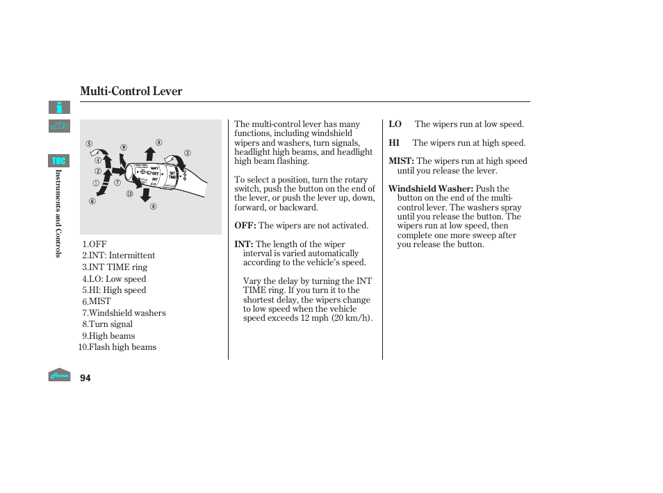 Multi-control lever, P.94) | HONDA 2014 Ridgeline - Owner's Manual User Manual | Page 99 / 422