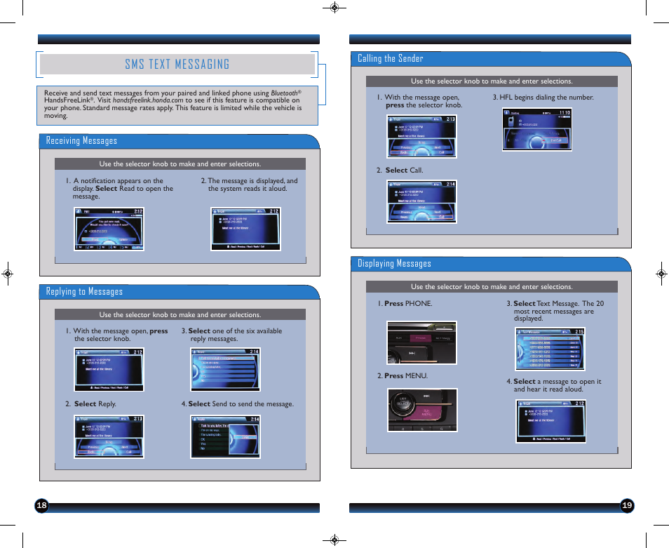 Sms text messaging, Receiving messages, Replying to messages | Calling the sender, Displaying messages | HONDA 2013 Accord Coupe (LX-S) - Technology Reference Guide User Manual | Page 11 / 14