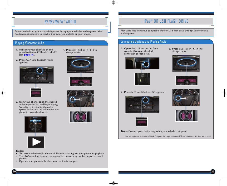 P.20, Bluetooth, Audio | Ipod, Or usb flash drive | HONDA 2013 Accord Coupe (LX-S) - Technology Reference Guide User Manual | Page 12 / 14