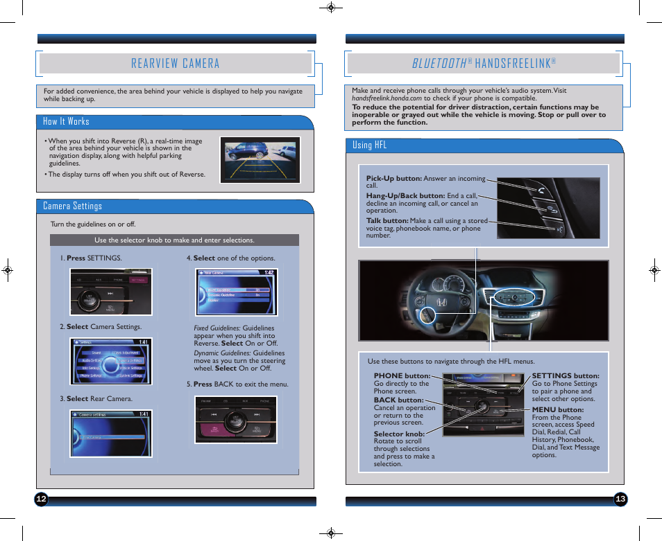 P.13, Rearview camera, Bluetooth | Handsfreelink | HONDA 2013 Accord Coupe (LX-S) - Technology Reference Guide User Manual | Page 8 / 14