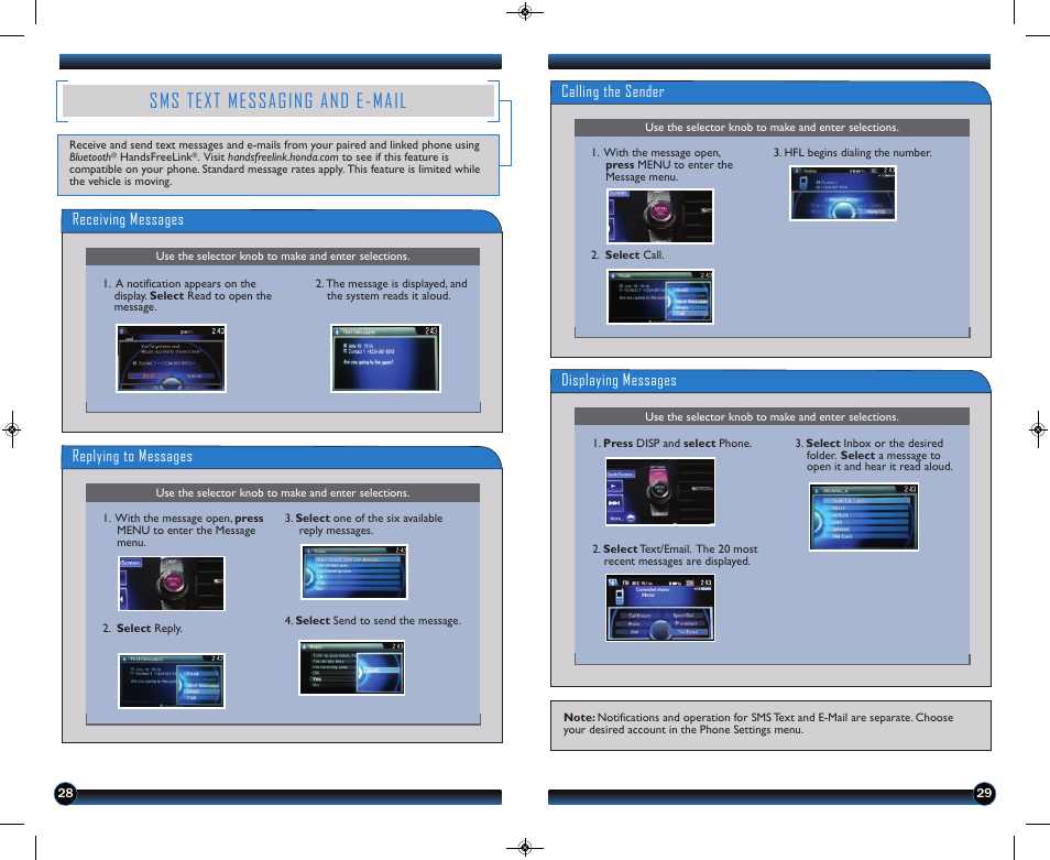 Sms text messaging and e-mail, Calling the sender, Displaying messages | Receiving messages, Replying to messages | HONDA 2013 Accord Coupe (EX & EX-L) - Technology Reference Guide User Manual | Page 16 / 20