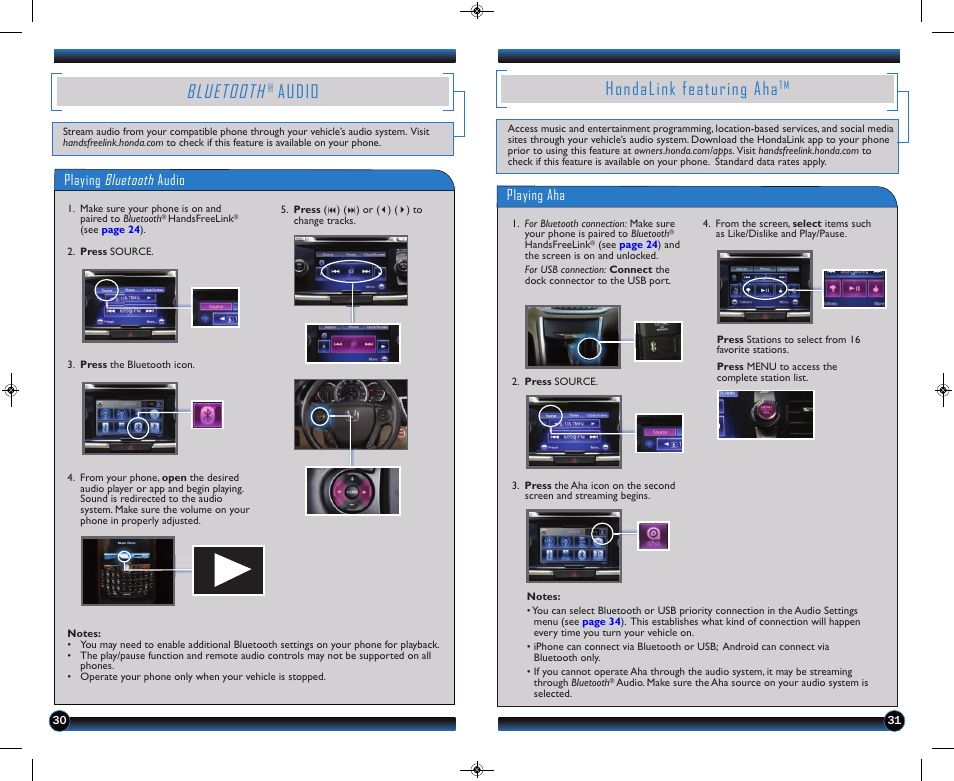 Hondalink featuring aha, Bluetooth, Audio | Playing aha, Playing bluetooth audio | HONDA 2013 Accord Coupe (EX & EX-L) - Technology Reference Guide User Manual | Page 17 / 20
