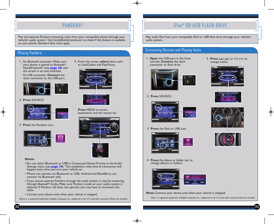 Pandora, Ipod, Or usb flash drive | Playing pandora, Connecting devices and playing audio | HONDA 2013 Accord Coupe (EX & EX-L) - Technology Reference Guide User Manual | Page 18 / 20