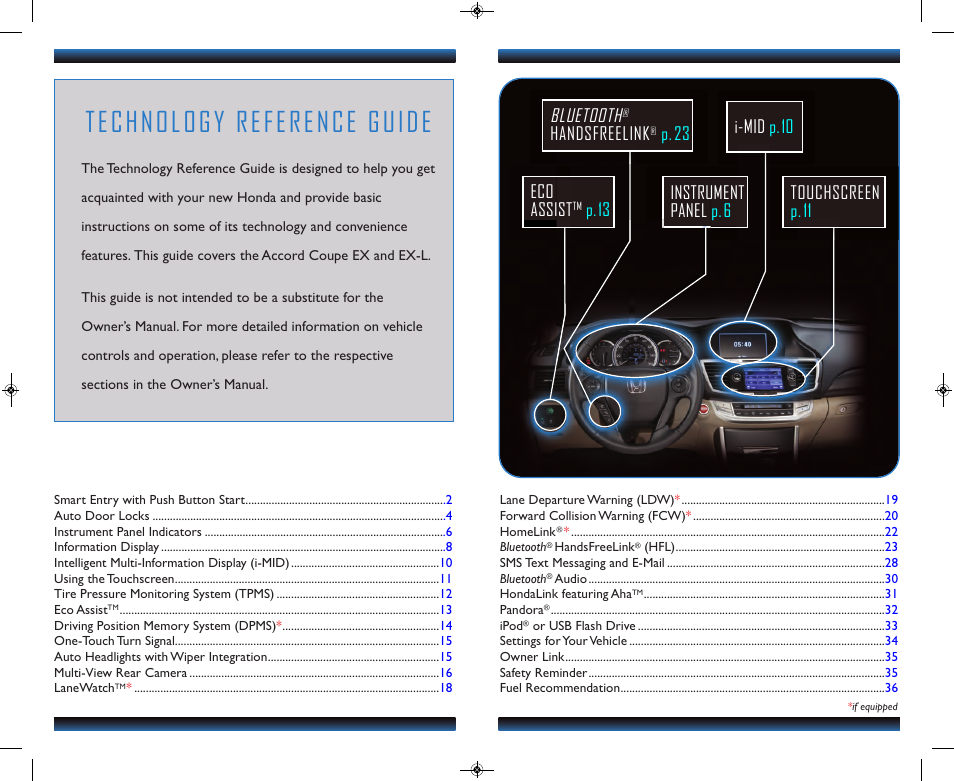 Technology reference guide, Touchscreen p.11 bluetooth, Handsfreelink | P.23 eco assist | HONDA 2013 Accord Coupe (EX & EX-L) - Technology Reference Guide User Manual | Page 2 / 20