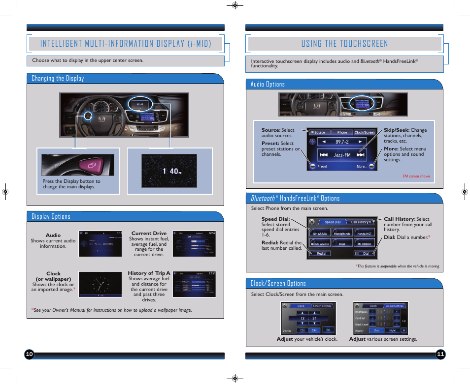 P.11, P.10, Intelligent multi-information display (i-mid) | Using the touchscreen, Display options, Changing the display, Audio options bluetooth, Handsfreelink, Options clock/screen options | HONDA 2013 Accord Coupe (EX & EX-L) - Technology Reference Guide User Manual | Page 7 / 20