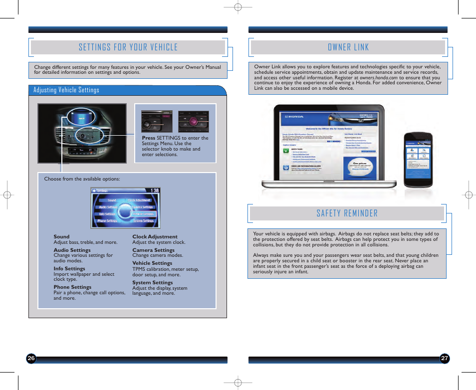 Settings for your vehicle, Owner link, Safety reminder | HONDA 2013 Accord Sedan (LX, Sport, EX) - Technology Reference Guide User Manual | Page 15 / 16