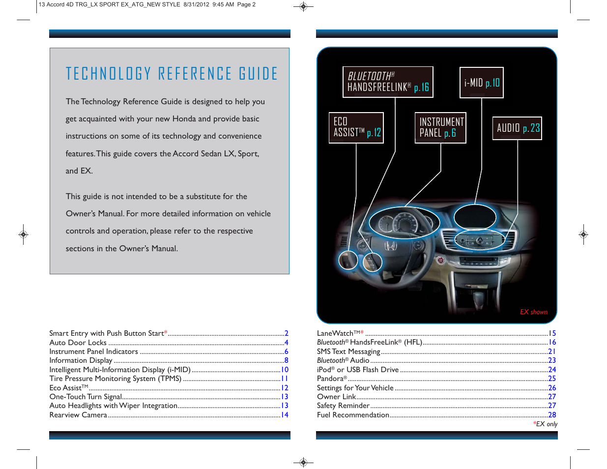 Bluetooth, Audio p . 23, Handsfreelink | P. 16 eco assist | HONDA 2013 Accord Sedan (LX, Sport, EX) - Technology Reference Guide User Manual | Page 2 / 16