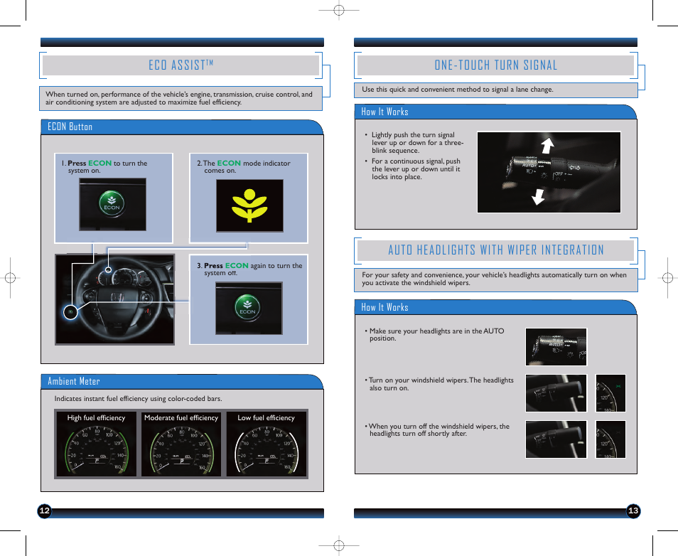 P. 12, Eco assist, One-touch turn signal | Auto headlights with wiper integration | HONDA 2013 Accord Sedan (LX, Sport, EX) - Technology Reference Guide User Manual | Page 8 / 16
