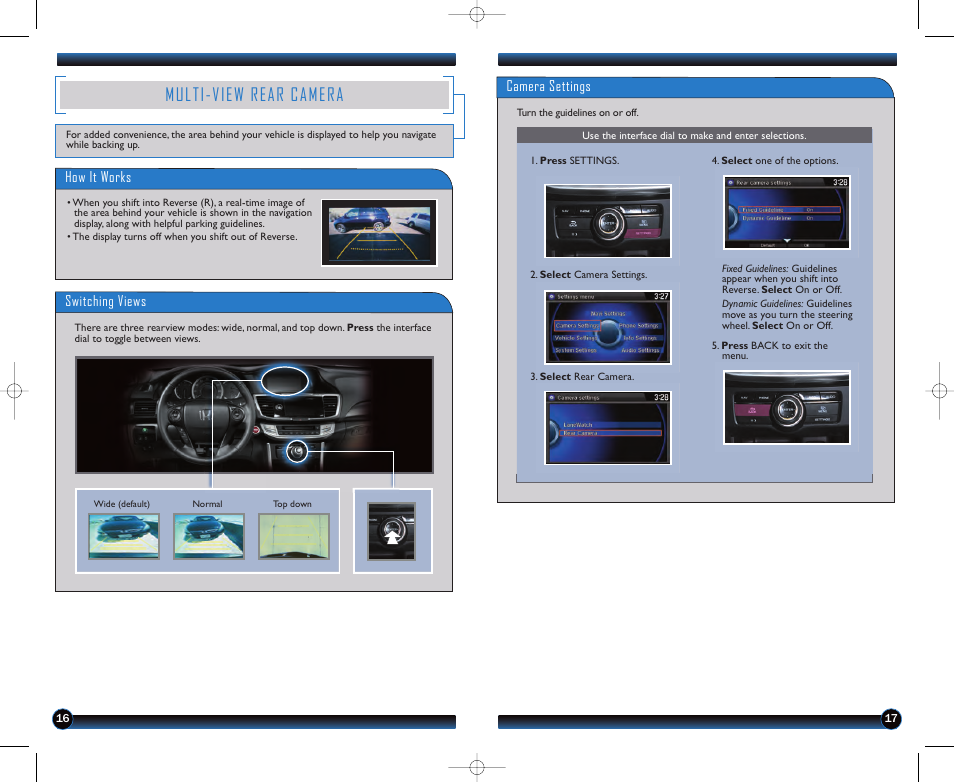 Multi-view rear camera, Camera settings, How it works switching views | HONDA 2013 Accord Sedan (EX-L with Navigation) - Technology Reference Guide User Manual | Page 10 / 24