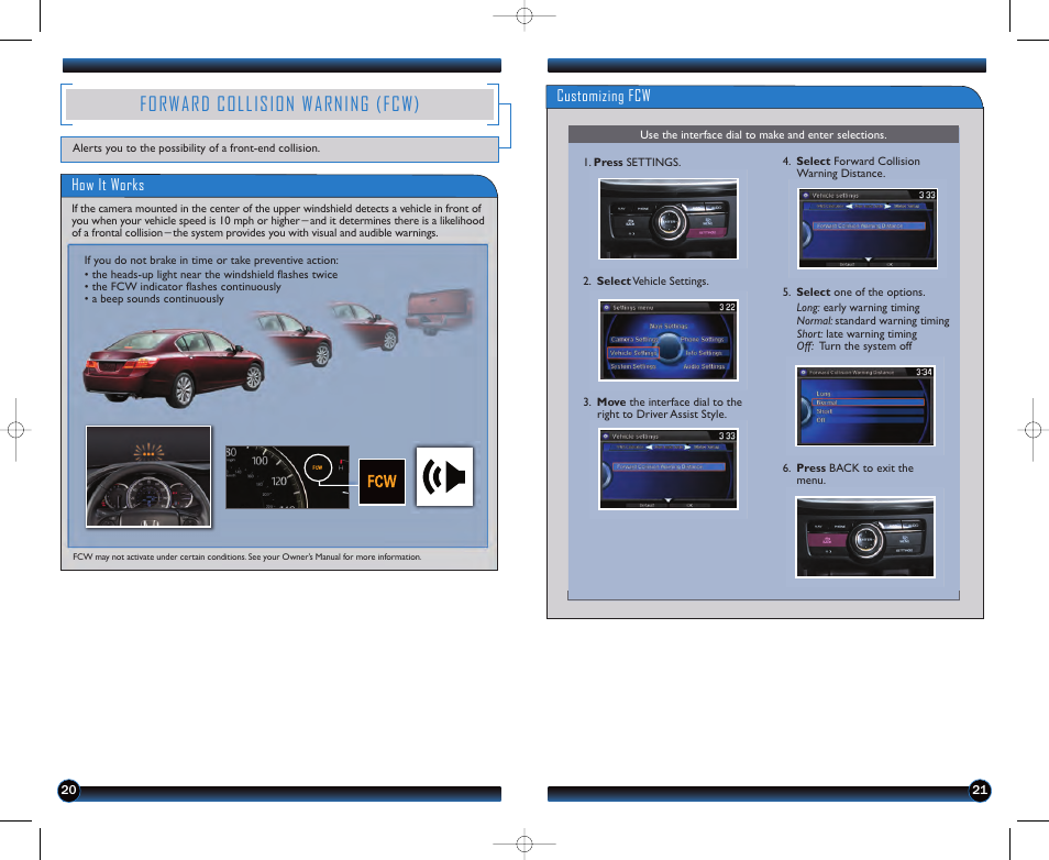 Forward collision warning (fcw), Customizing fcw, How it works | HONDA 2013 Accord Sedan (EX-L with Navigation) - Technology Reference Guide User Manual | Page 12 / 24