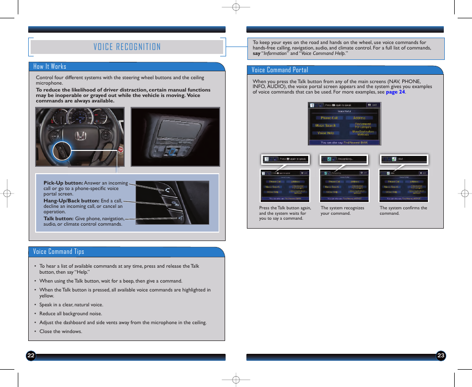 Voice recognition, How it works, Voice command portal voice command tips | HONDA 2013 Accord Sedan (EX-L with Navigation) - Technology Reference Guide User Manual | Page 13 / 24