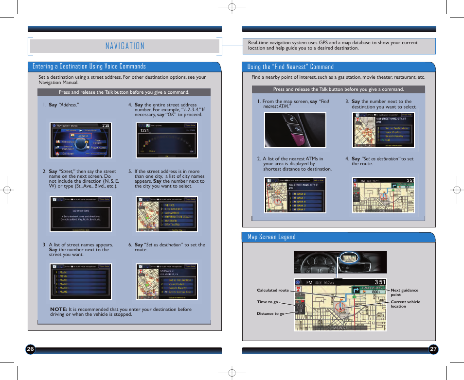 P.26, Navigation, Entering a destination using voice commands | Using the “find nearest” command map screen legend | HONDA 2013 Accord Sedan (EX-L with Navigation) - Technology Reference Guide User Manual | Page 15 / 24