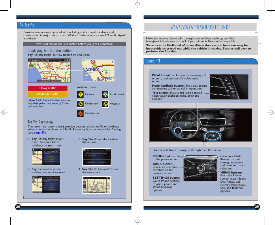 P.29, Bluetooth, Handsfreelink | Fm traffic, Displaying traffic information, Traffic rerouting, Using hfl | HONDA 2013 Accord Sedan (EX-L with Navigation) - Technology Reference Guide User Manual | Page 16 / 24