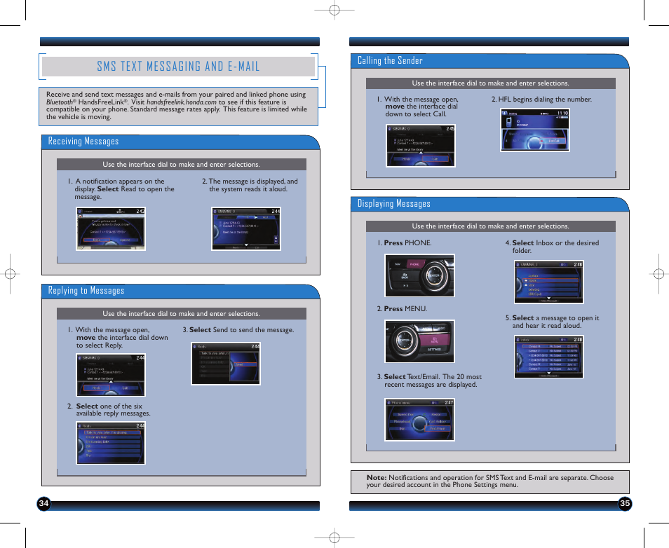 Sms text messaging and e-mail, Receiving messages, Replying to messages | Calling the sender, Displaying messages | HONDA 2013 Accord Sedan (EX-L with Navigation) - Technology Reference Guide User Manual | Page 19 / 24