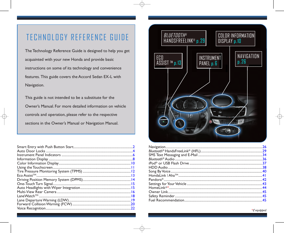 Technology reference guide, Bluetooth, Navigation p.26 | Handsfreelink, P.29 eco assist | HONDA 2013 Accord Sedan (EX-L with Navigation) - Technology Reference Guide User Manual | Page 2 / 24
