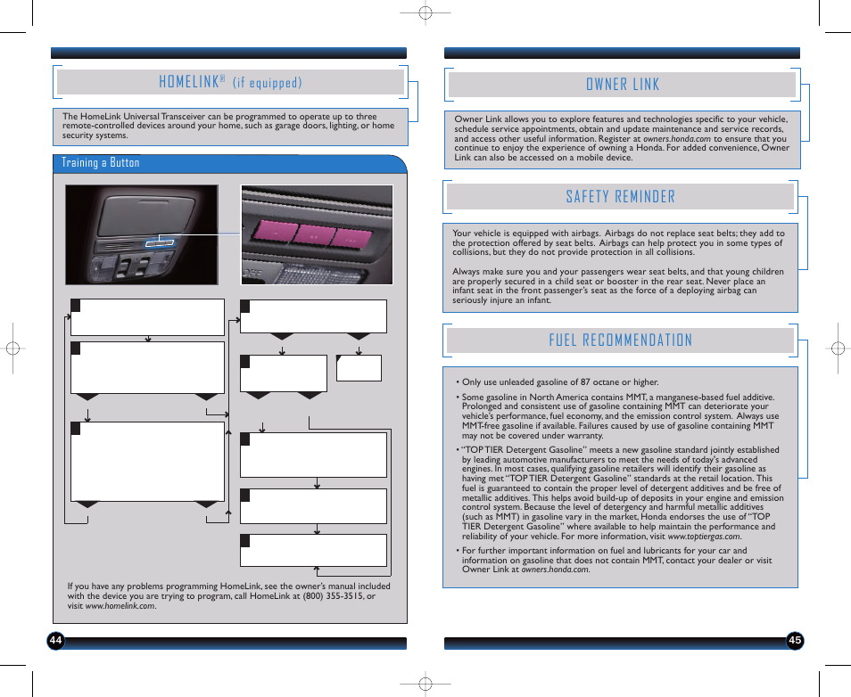 Fuel recommendation, Owner link, Safety reminder | Homelink, If equipped), Training a button | HONDA 2013 Accord Sedan (EX-L with Navigation) - Technology Reference Guide User Manual | Page 24 / 24