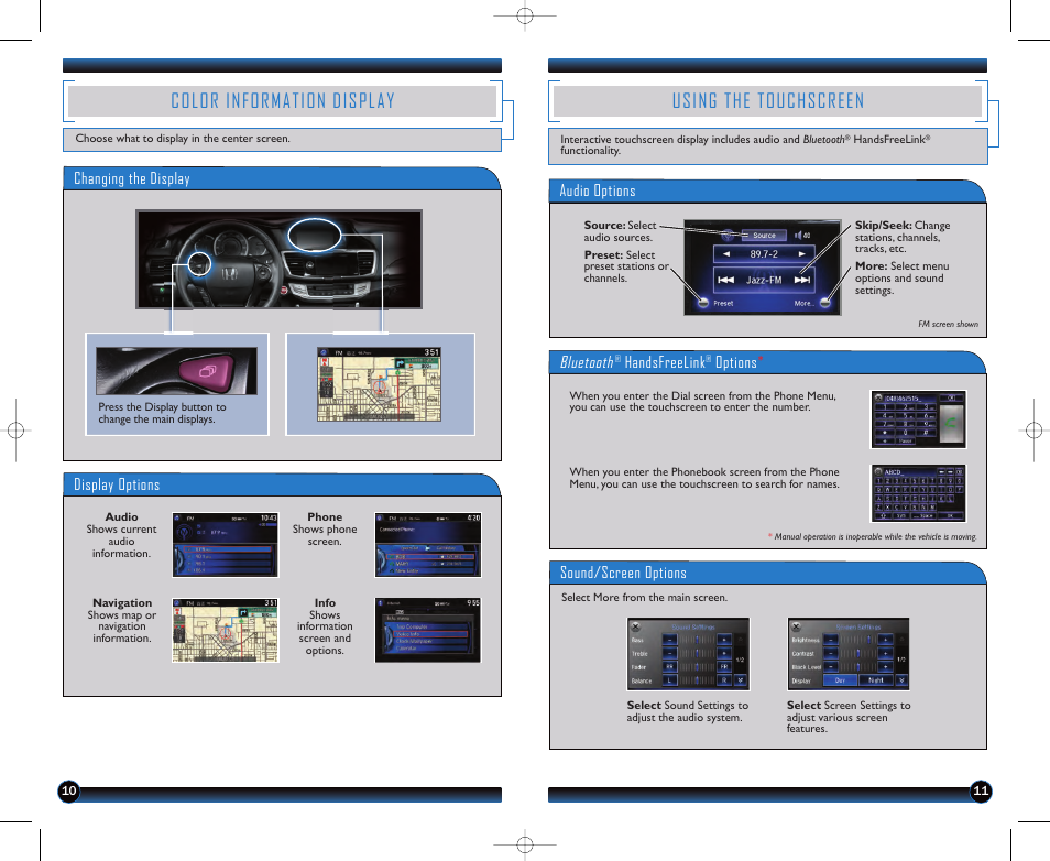 P.10, Color information display, Using the touchscreen | Display options, Changing the display, Bluetooth, Handsfreelink, Options, Audio options sound/screen options | HONDA 2013 Accord Sedan (EX-L with Navigation) - Technology Reference Guide User Manual | Page 7 / 24