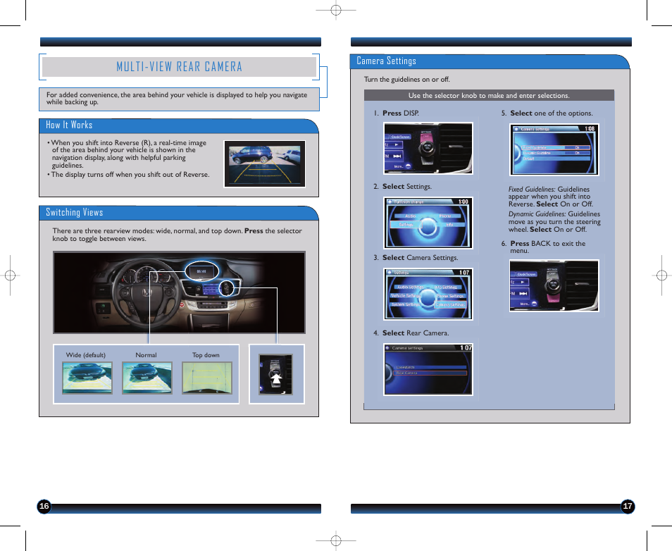 Multi-view rear camera, How it works switching views, Camera settings | HONDA 2013 Accord Sedan (EX-L) - Technology Reference Guide User Manual | Page 10 / 20