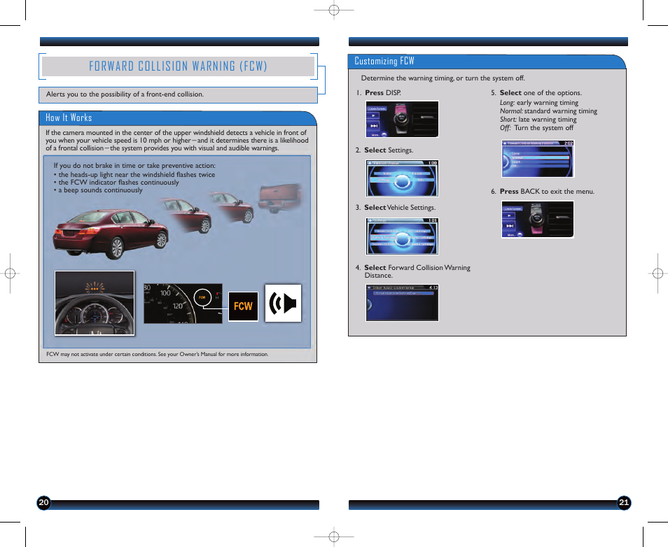 Forward collision warning (fcw), How it works, Customizing fcw | HONDA 2013 Accord Sedan (EX-L) - Technology Reference Guide User Manual | Page 12 / 20