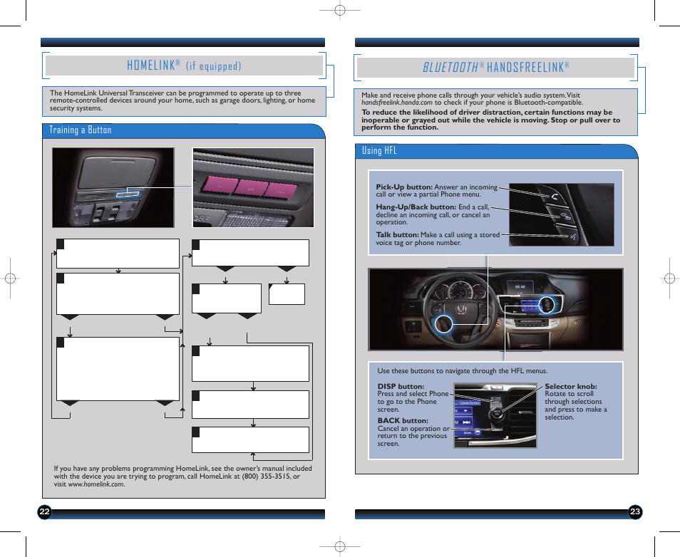 P. 23, Bluetooth, Handsfreelink | Homelink, If equipped), Using hfl, Training a button | HONDA 2013 Accord Sedan (EX-L) - Technology Reference Guide User Manual | Page 13 / 20