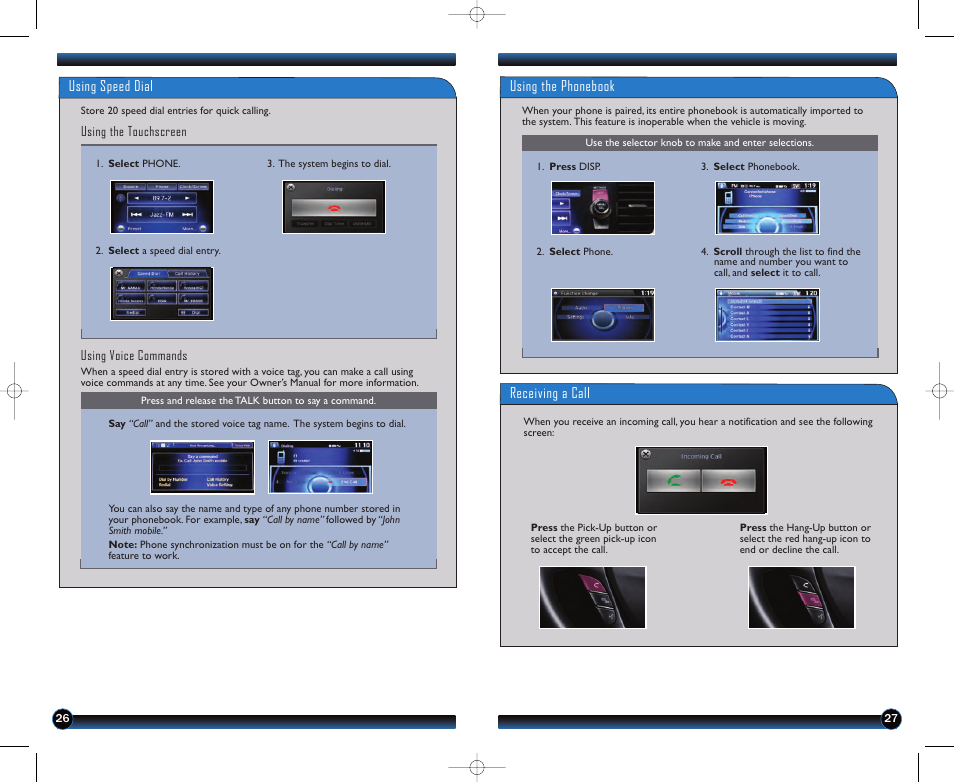 Receiving a call, Using the phonebook, Using speed dial | HONDA 2013 Accord Sedan (EX-L) - Technology Reference Guide User Manual | Page 15 / 20