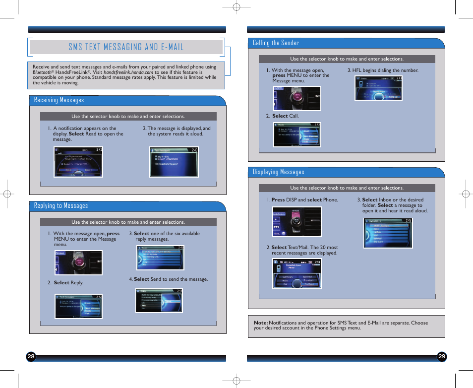 Sms text messaging and e-mail, Calling the sender, Displaying messages | Receiving messages, Replying to messages | HONDA 2013 Accord Sedan (EX-L) - Technology Reference Guide User Manual | Page 16 / 20